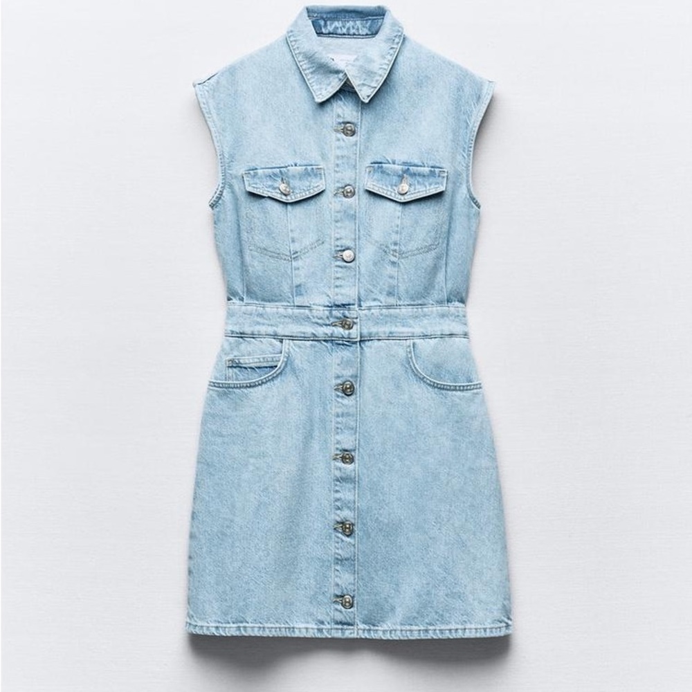 Zara NWT Light Wash Denim Mini Dress Button Front Utility Size L
